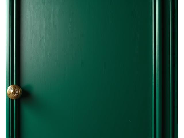 Close-up of a richly painted wooden door in a deep emerald green, showcasing smooth satin finish and subtle wood grain, with luxury brass hardware.